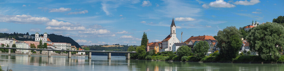 View of the city of Passau, Bavaria, Germany with the Marienbrucke bridge over the river Inn