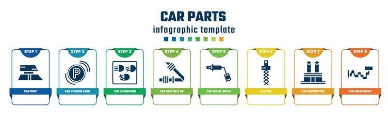 car parts concept infographic design template. included car roof, car parking light, dashboard, seat belt or safety belt, wheel brace, coil, distributor cap, crankshaft icons and 8 options or steps.