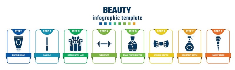 beauty concept infographic design template. included shaving cream, nail file, gift box with lace, weightlift, small perfume bottle, wedding bow tie, hair spray bottle, makeup brush icons and 8