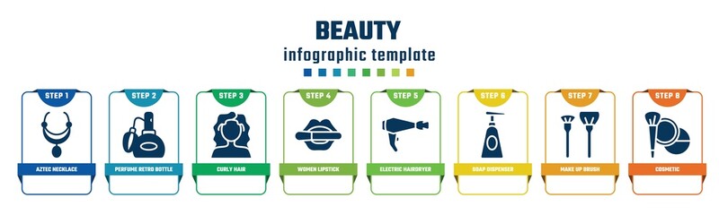 beauty concept infographic design template. included aztec necklace, perfume retro bottle, curly hair, women lipstick, electric hairdryer, soap dispenser, make up brush, cosmetic icons and 8 options