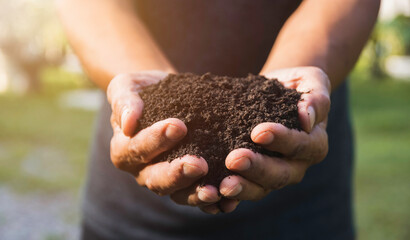 Closeup hand of person holding abundance soil for agriculture or planting peach concept.