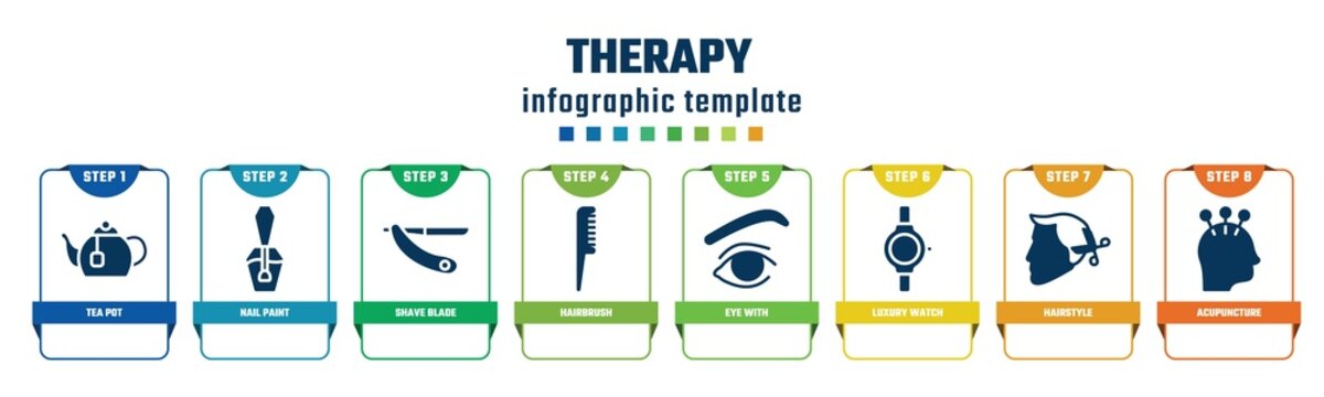 therapy concept infographic design template. included tea pot, nail paint, shave blade, hairbrush, eye with, luxury watch, hairstyle, acupuncture icons and 8 options or steps.