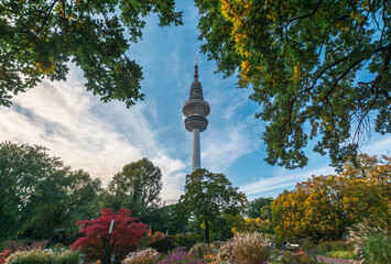 City park Planten un Blomen at autumn. View of Heinrich Hertz Tower is radio telecommunication tower in Hamburg. Germany