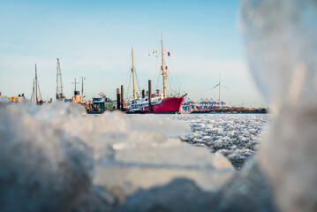 frosty winter day, harbour, ships elb river, frozen in Hamburg Germany