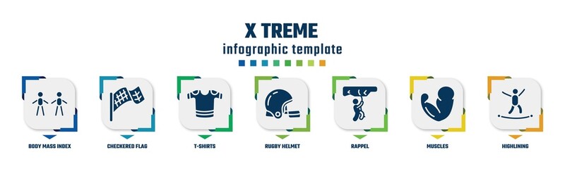 x treme concept infographic design template. included body mass index, checkered flag, t-shirts, rugby helmet, rappel, muscles, highlining icons and 7 option or steps.