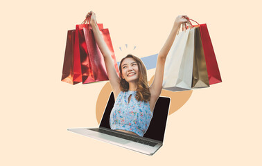 Young adult asian woman with shopping bags in collage contemporary art style