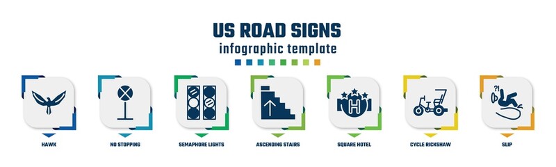 us road signs concept infographic design template. included hawk, no stopping, semaphore lights, ascending stairs, square hotel, cycle rickshaw, slip icons and 7 option or steps.