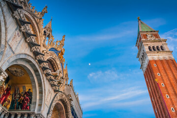 Beautiful roof ornaments of Basilica San Marco and the Campanile di San Marco at St. Mark's Square...