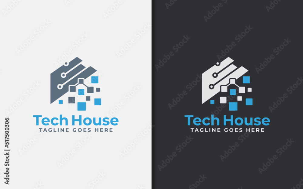 Poster Abstract Tech House Logo Design. Modern House Symbol and Tech Element Combination with Stylish Geometric Lines Concept.