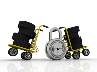 3d rendering Car wheel in trolley near lock
