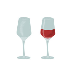 Two wine glasses, empty and full with red wine, hand drawn vector illustration in flat style, isolated on white background