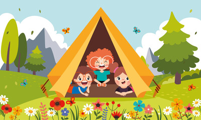 Obraz na płótnie Canvas Cartoon Kids Camping At Nature