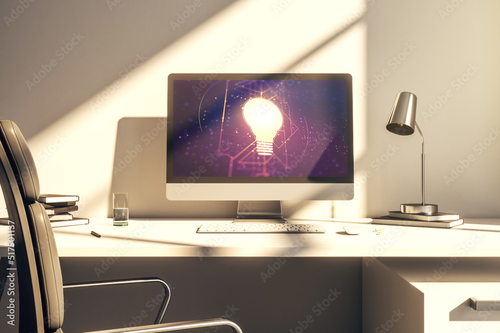Poster Creative idea concept with light bulb illustration on modern laptop screen. 3D Rendering
