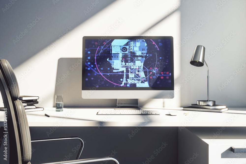 Poster modern computer monitor with creative artificial intelligence symbol. neural networks and machine le