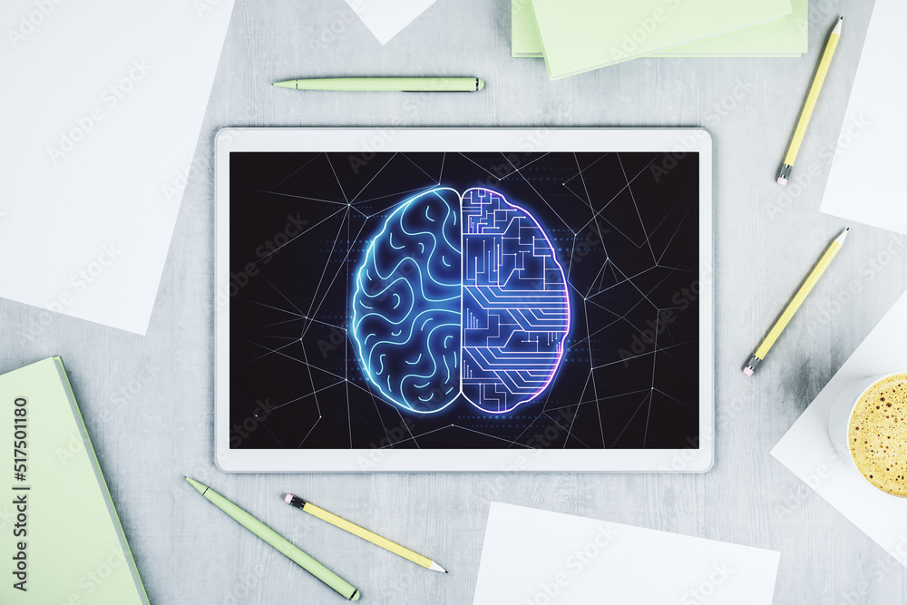 Aufkleber Creative artificial Intelligence concept with human brain hologram on modern digital tablet screen. Top view. 3D Rendering