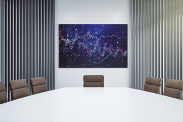 Abstract creative financial graph on presentation screen in a modern conference room, forex and investment concept. 3D Rendering
