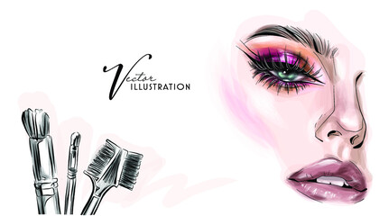 Glamour girl makeup fashion illustration. Stylish art sketch. Beauty and style vector drawing.