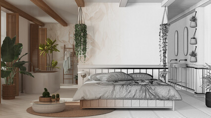 Architect interior designer concept: hand-drawn draft unfinished project that becomes real, bohemian bedroom and bathroom in boho style. Bed, bathtub and washbasins, potted plants