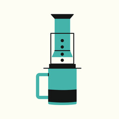 Aeropress coffee isolated vector illustration. Brewing method with special device flat icon. Espresso maker color design