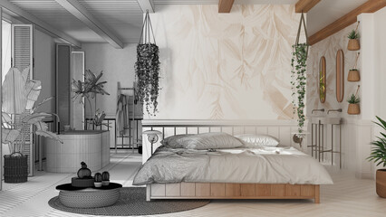 Architect interior designer concept: hand-drawn draft unfinished project that becomes real, bohemian bedroom and bathroom in boho style. Bed, bathtub and washbasins, potted plants