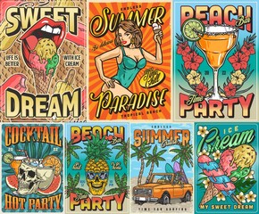 Beach party set colorful posters