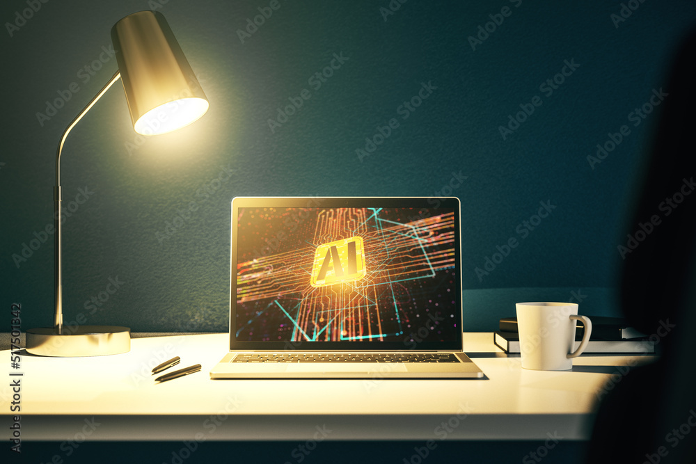 Poster modern computer monitor with creative artificial intelligence icon. neural networks and machine lear