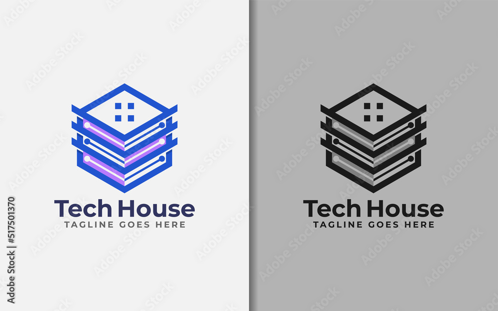 Poster Abstract Tech House Logo Design. Modern House Symbol and Tech Element Combination with Stylish Geometric Lines Concept.