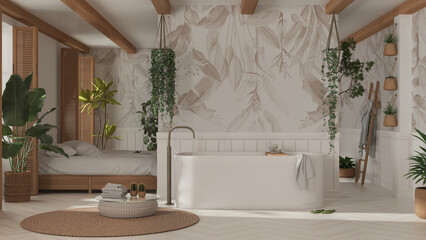 Bohemian wooden bathroom and bedroom in boho style in white and beige tones. Bathtub, bed and towel rack, potted plants. Tropical wallpaper. Country vintage interior design