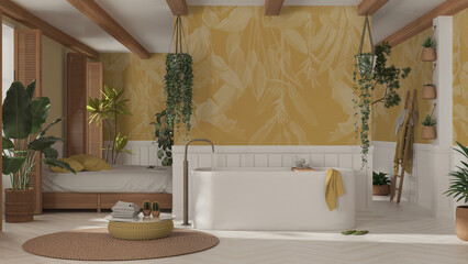 Bohemian wooden bathroom and bedroom in boho style in white and yellow tones. Bathtub, bed and towel rack, potted plants. Tropical wallpaper. Country vintage interior design