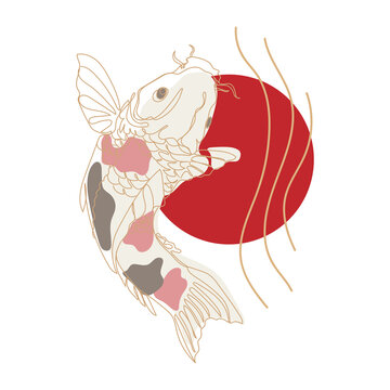 Koi carp fish drawing with red circle design template,vector illustration on white background.Oriental Japanese style abstract design with koi fish.Minimal art.Logo design,cover,fashion print