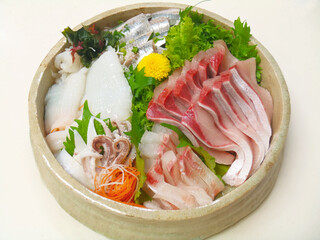 Squid, Red sea bream,  Sardine, Yellowtail, arranged to sashimi style plate.