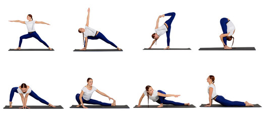 Collection set yoga exercises. Woman practicing yoga on yoga mat and showing different poses for workout, isolated on white background