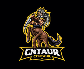 Centaur mascot logo design. Vector illustration centaur with sword weapon. Logo illustration for mascot or symbol and identity, emblem sports or e-sports gaming team - obrazy, fototapety, plakaty