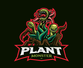 Monster plant mascot logo design. Carnivorous plant vector illustration. Logo illustration for mascot or symbol and identity, emblem sports or e-sports gaming team