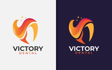 Victory Dental Logo Design. Abstract Initial Letter V Combined with Fun Colorful Teeth Dental Symbol Concept.
