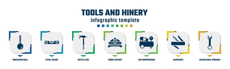 tools and hinery concept infographic design template. included wrecking ball, level gauge, battle axe, torch helmet, air compressor, jackknife, adjustable wrench icons and 7 option or steps.