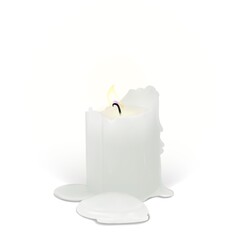 Realistic burning candle on a white background. 3d candle with melting wax, flame and halo of light. Vector illustration with mesh gradients. EPS10.
