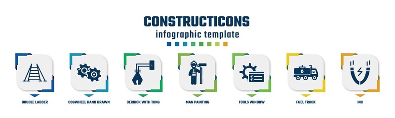 constructicons concept infographic design template. included double ladder, cogwheel hand drawn tool, derrick with tong, man painting, tools window, fuel truck, inc icons and 7 option or steps.