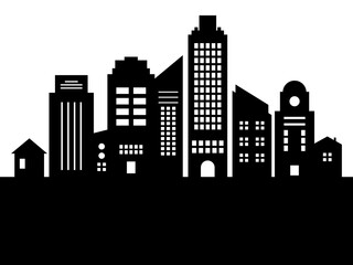 Fototapeta premium Modern abstract cityscape skyline buildings black and white silhouette vector. Fictional simple city skyline black silhouette design element isolated on a white background