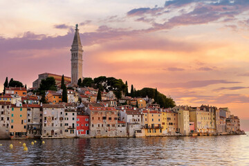 Fototapeta premium Rovinj over beautiful sunset. Rovinj also known as Rovigno is a famous tourist destination in Croatia, Istria