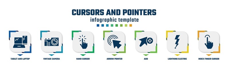 cursors and pointers concept infographic design template. included tablet and laptop, vintage camera, hand cursor, arrow pointer, add, lightning electric energy, index finger cursor icons and 7