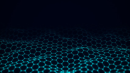 Digital gradient hexagon blue wave with dots and lines on the dark background. The futuristic abstract structure of network connection. Big data visualization. 3D rendering.