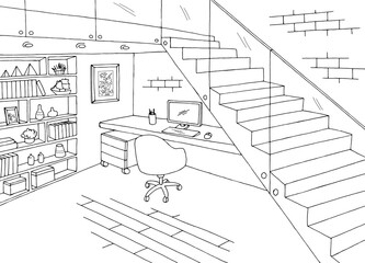 Office graphic black white interior sketch illustration vector 