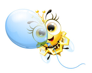 Cute funny cartoon fluffy bee  queen character with crown flying with blue balloon.