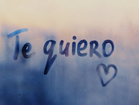 Lettering Spanish text Te quiero I love you in english and heart shape on blue wet window