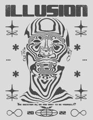 Retro futuristic poster with psychedelic human head and text "illusion" . Stylish techno style print for streetwear, print for t-shirts and sweatshirts on black background