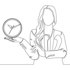 Continuous line drawing Successful time management businesswoman showing alarm clock icon vector illustration concept