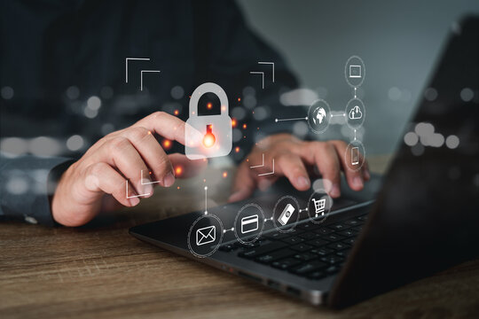 Business concept and virtual screen of the online security plan,Man use laptop for Data protection and secure online payments. Cyber internet security technologies and data encryption