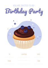 Birthday invitation template. Illustration of a blueberry cupcake.