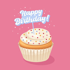 Illustration of vanilla cupcake. Vector illustration cupcake with text happy birthday for invitation or postcard.